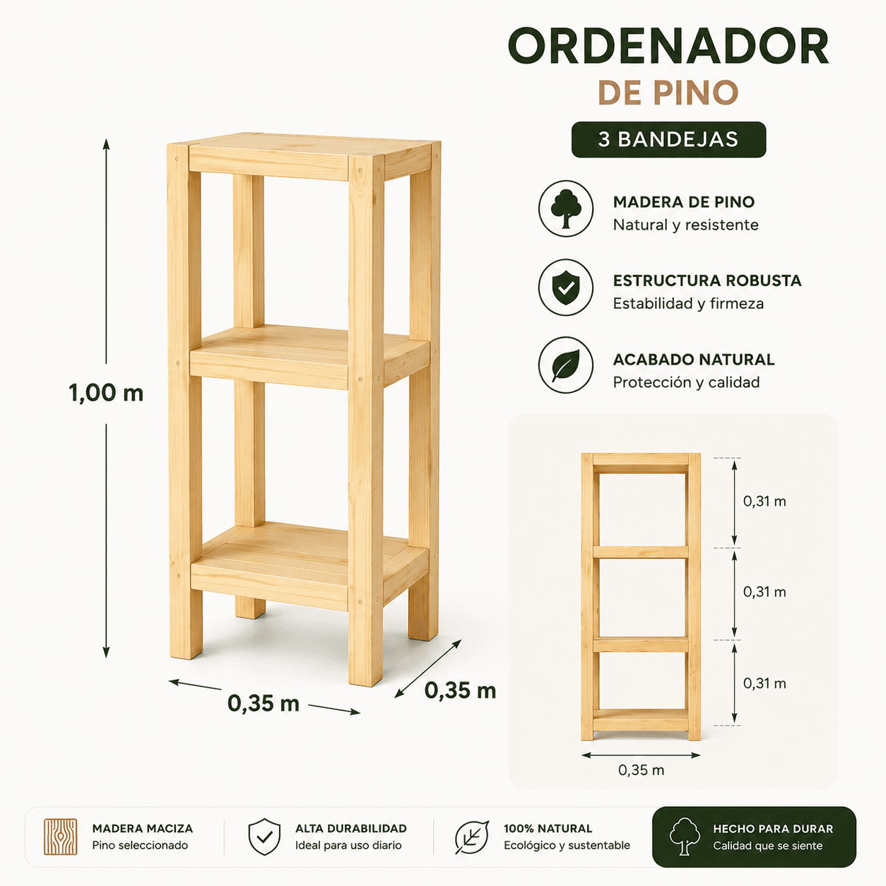 Organizador de Madera de Pino 1.00mx0.35x0.35